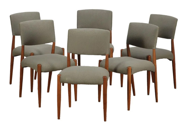 An exquisite set of mid-century modern side chairs crafted circa 1960-1969. Reupholstered in a warm green tone that aligns with the latest design color trend.  A perfect blend of vintage charm and contemporary comfort, these side chairs are a statement piece for any discerning home.20{quote} x 21{quote} x 33.25{quote}Our Price   $1,650