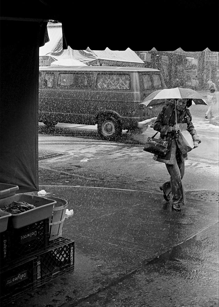 Catherine & Henry St., New York City, 1981.A woman with an umbrella walks in a snow storm. She is seen form inside, framed by the entrance to Frankie Wong's seafood stre at Catherine and Henry St., New York Chinatown, 1982