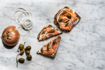 salmon and bread with capers and creme fraiche