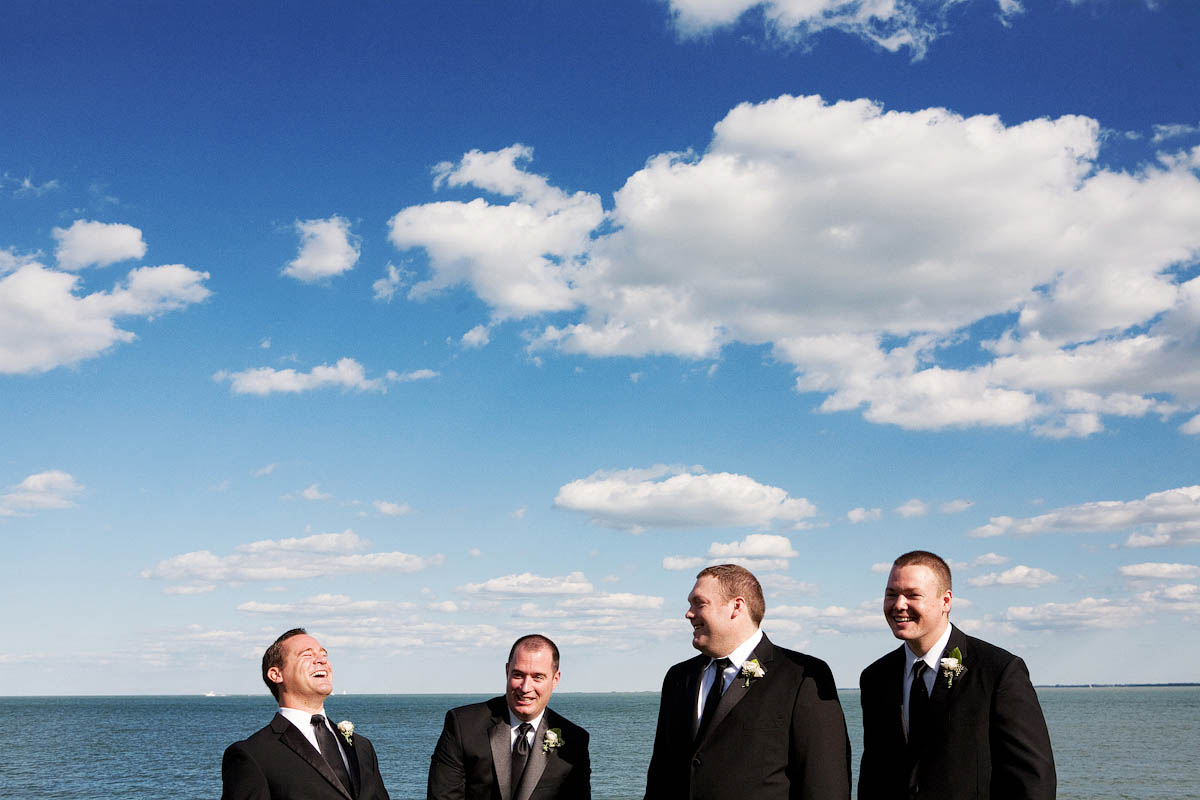 Groomsmen in front of Lake St. Claire at a Grosse Pointe War Memorial wedding. 