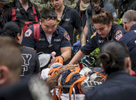A construction worker was transported to the hospital after getting struck by debris  that allegedly fell off from the construction site located at 121 West 28th Street in Manhattan on August 22, 2017.