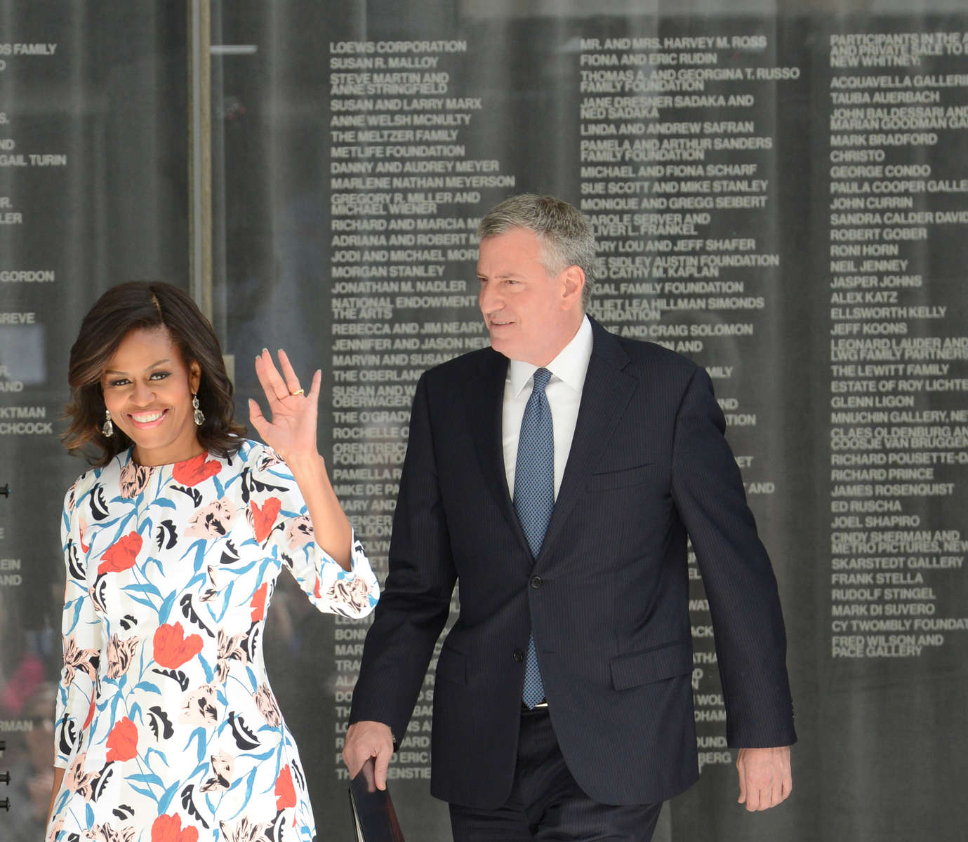 First Lady of the United States of America Michelle Obama and New York City Mayor Bill de Blasio were joined by Adam D. Weinberg, Alice Pratt Brown Director, Whitney Museum of American Art, Architect Renzo Piano, Robert J. Hurst, Co-Chairman of Whitney Board of Trustees, Brooke Garber Neidich, Co-Chairman of Whitney Board of Trustees, Neil G. Bluhm, President of Whitney Board of Trustees, Flora Miller Biddle, Honorary Chairman of Whitney Board of Trustees and granddaughter of Museum founder Gertrude Vanderbilt Whitney, Matana Roberts, composer and alto saxophonist, performing a commissioned musical work, Incantation, The Wooster Group, renowned experimental theatre company performing the ribbon-cutting, and teens from the Whitney's Youth Insights Program at the Whitney Museum of American Art dedication ceremony and official ribbon-cutting at 99 Gansevoort Street in Manhattan on Thursday, April 30, 2015. The Whitney Museum of American Art returns to downtown Manhattan where it was founded in 1930 by artist and philanthropist Gertrude Vanderbilt Whitney.