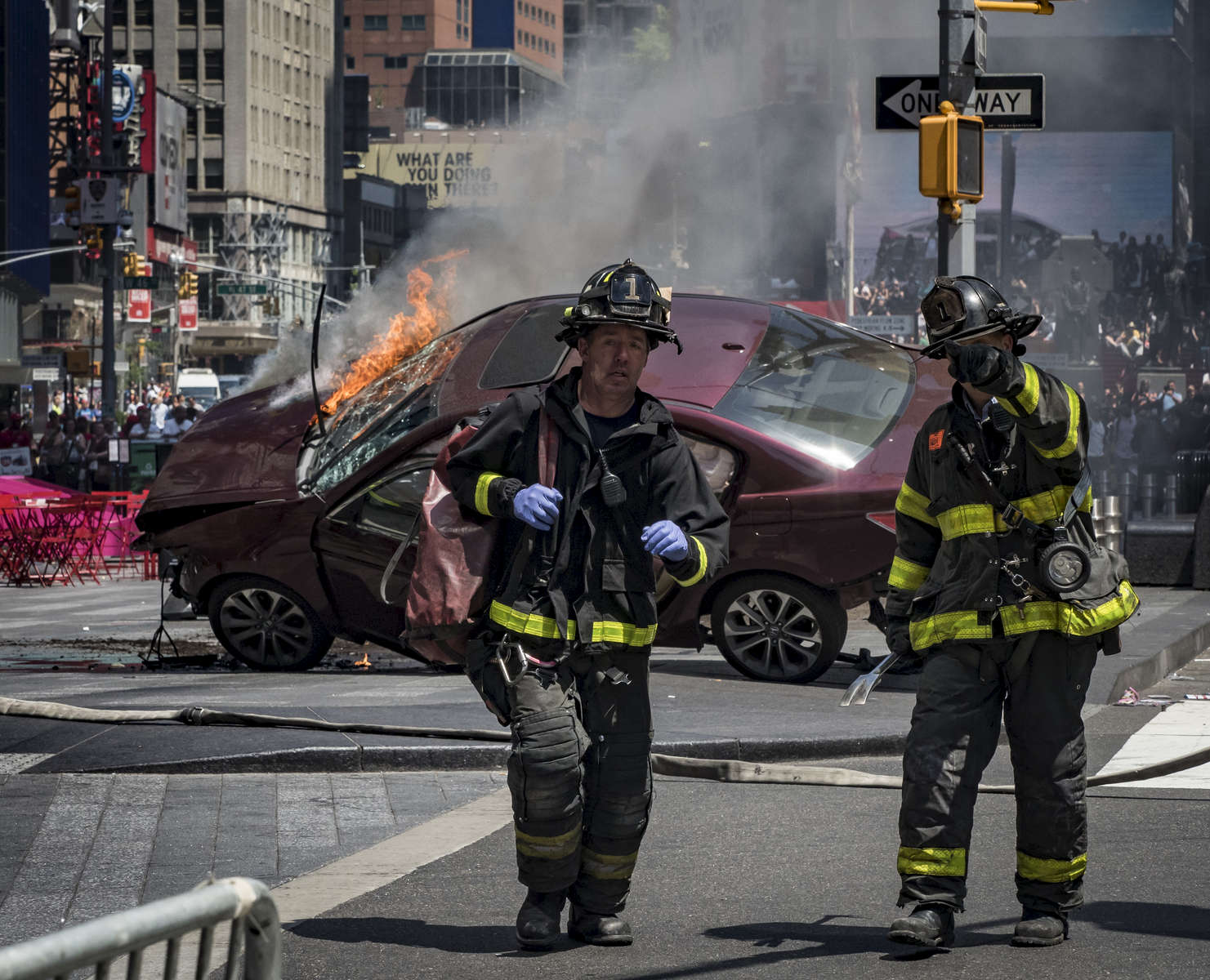 First-responders rush into the scene where deranged motorist Richard Rojas drove his car onto a crowded Times Square sidewalk and mowed down 23 passengers — including an 18-year-old Michigan woman Alyssa Elsman who died in front of her little sister along 7th Avenue from 42nd until 45th Street in Times Square, Manhattan on Thursday, May 18, 2017. 