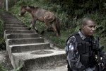 A horse runs away from a Riot Police officer, while he patrols during the Occupation of one shantytown who belongs to the group of slums called Complexo de Alemao, in Rio de Janeiro, Brazil, April 26, 2012.Initiated in 2008, the UPP, short for Unidade de Polícia Pacificadora (in English, Pacifier Police Unit or Police Pacification Unit), is a new system of community policing in Rio de Janeiro’s favelas once run by drug traffickers. While many believe that UPPs have helped quell violence by opening the doors of the favelas to public services such as legal electricity supply, garbage collection, education, public works and social assistance program, others see the pacification program as a temporary cover-up to security problems in Rio de Janeiro. 