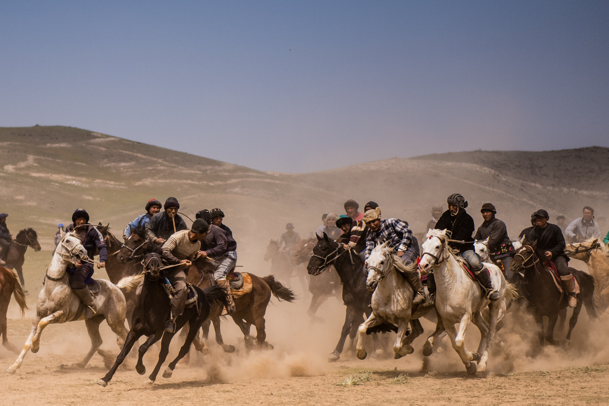 The rider on the 2nd white horse from the right carries the buzkashi goat at full gallop while other riders surround him and joust for control of the carcass. He ended up getting the goat in the circle and winning this round.