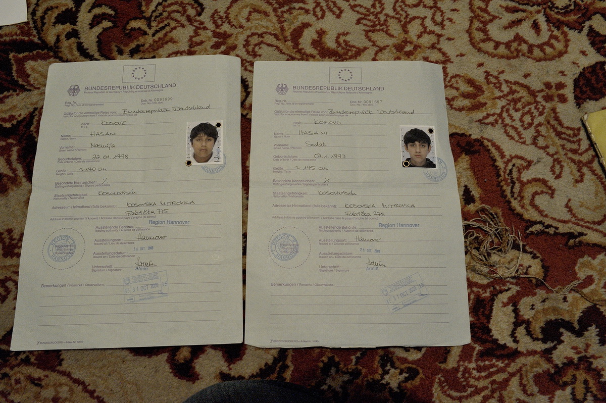 Documents issued by the German government authorizing a one way journey to Kosovo for Sedat and Nasmija Hasani. Both boys were born in Germany and consider it their homecountry.