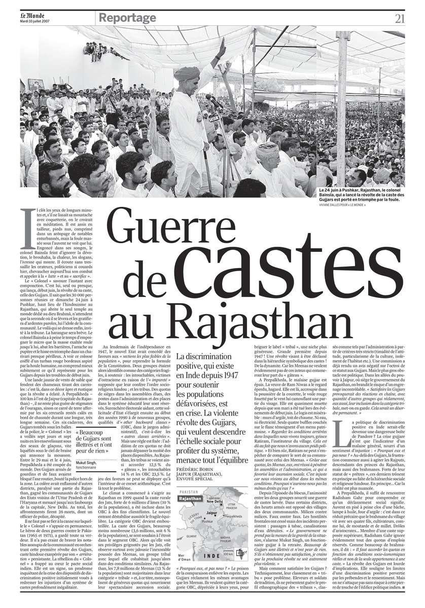 Castes au Rajastha, 2007, Article de Frédéric Bobin