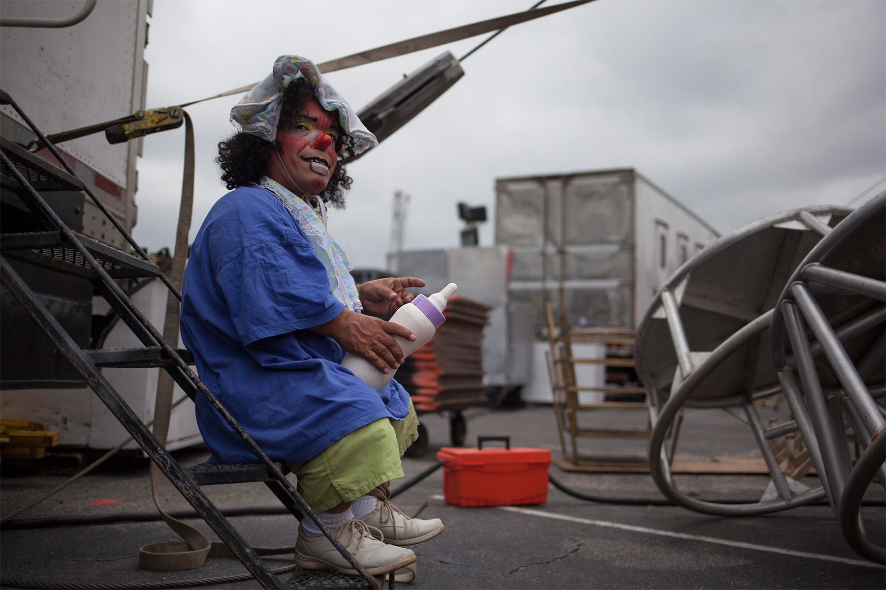 Lolito Castillo, a clown with The Cole Brothers Circus of the Stars, rests between acts backstage on Tuesday afternoon during the early show on September 9, 2014 in Myrtle Beach. The Cole Brothers Circus of the Stars tent city is in town  through Thursday on the site of the old Myrtle Square Mall in Myrtle Beach, South Carolina. Traveling circuses such as Cole Brothers, complete with it's traveling big top tent, set up shows all along the East Coast of the United States. Now in its 130th year, the big top travels to100 cities in 20-25 states and they stage 250 shows a year.