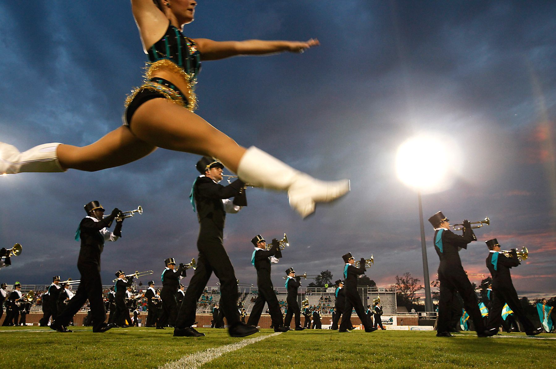 The Chanticleers Marching Band performs before the start of action between Coastal Carolina and VMI Saturday at Brooks Stadium.