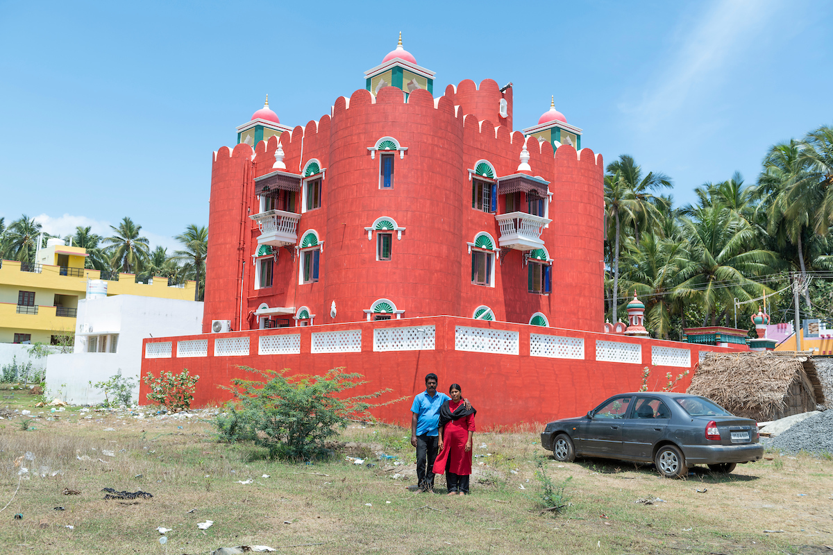 Portrait of Kanagavelu and his wife Sarala. The self-built fortress of Kanagavelu; Kottai House. Free Architecture. Kottakuppam, Pondicherry, India