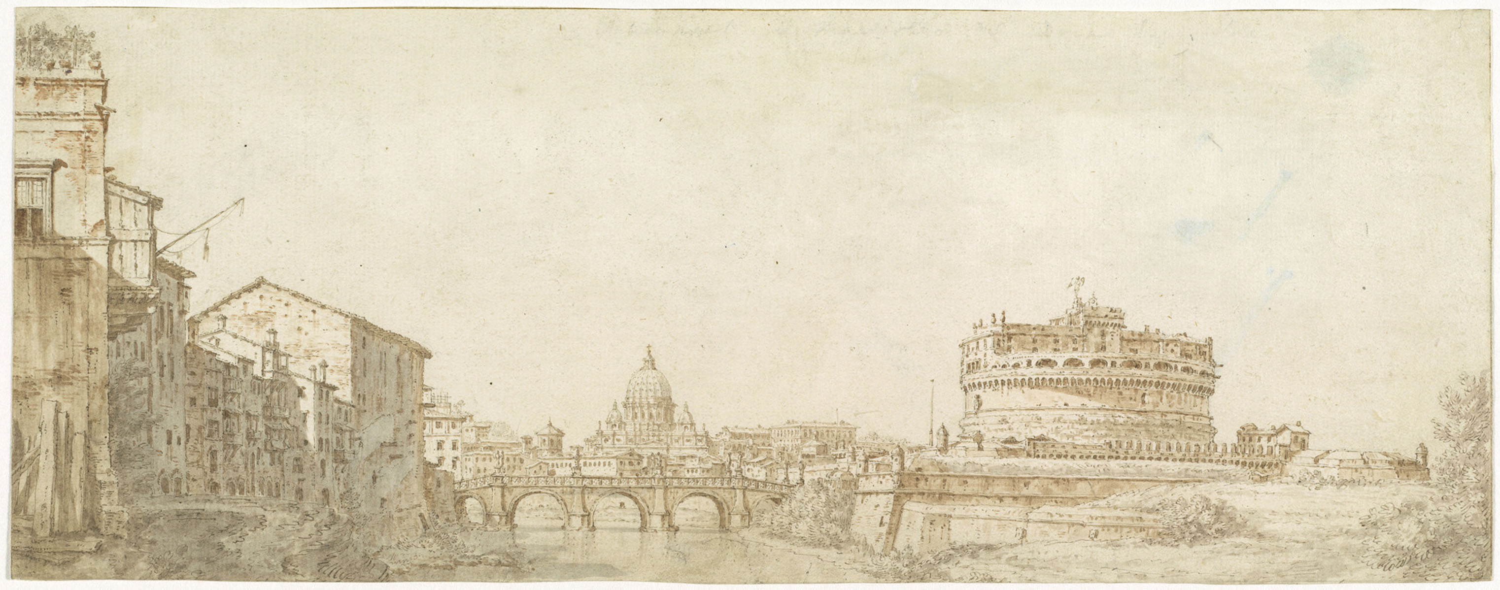 Giuseppe Zocchi (Italian, 1711 - 1767 ), View of Rome with the Dome of Saint Peter\'s and the Castel Sant\' Angelo, c. 1750, pen and brown ink with sanguine, brown, and gray wash over graphite on laid paper, Wolfgang Ratjen Collection, Purchased as the Gift of Vincent and Linda Buonanno