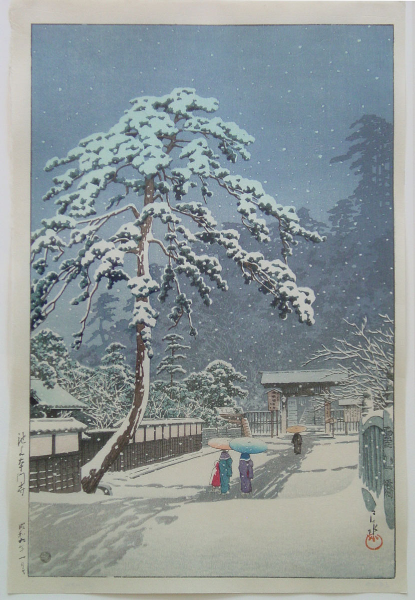 Hasui Kawase (May 18, 1883 – November 7, 1957) was a prominent Japanese painter of the late 19th and early 20th centuries, and one of the chief printmakers in the shin-hanga ({quote}new prints{quote}) movement.Kawase worked almost exclusively on landscape and townscape prints based on sketches he made in Tokyo and during travels around Japan. However, his prints are not merely meishō (famous places) prints that are typical of earlier ukiyo-e masters such as Hiroshige and Katsushika Hokusai (1760-1849). Kawase's prints feature locales that are tranquil and obscure in urbanizing Japan.In 1923 there was a great earthquake in Japan that destroyed most of his artwork. 