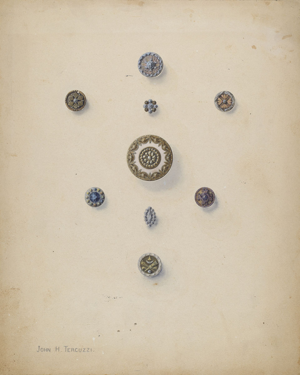 John H. Tercuzzi, Buttons, American, active c. 1935, c. 1937, watercolor, gouache, graphite on paperboard, Index of American Design