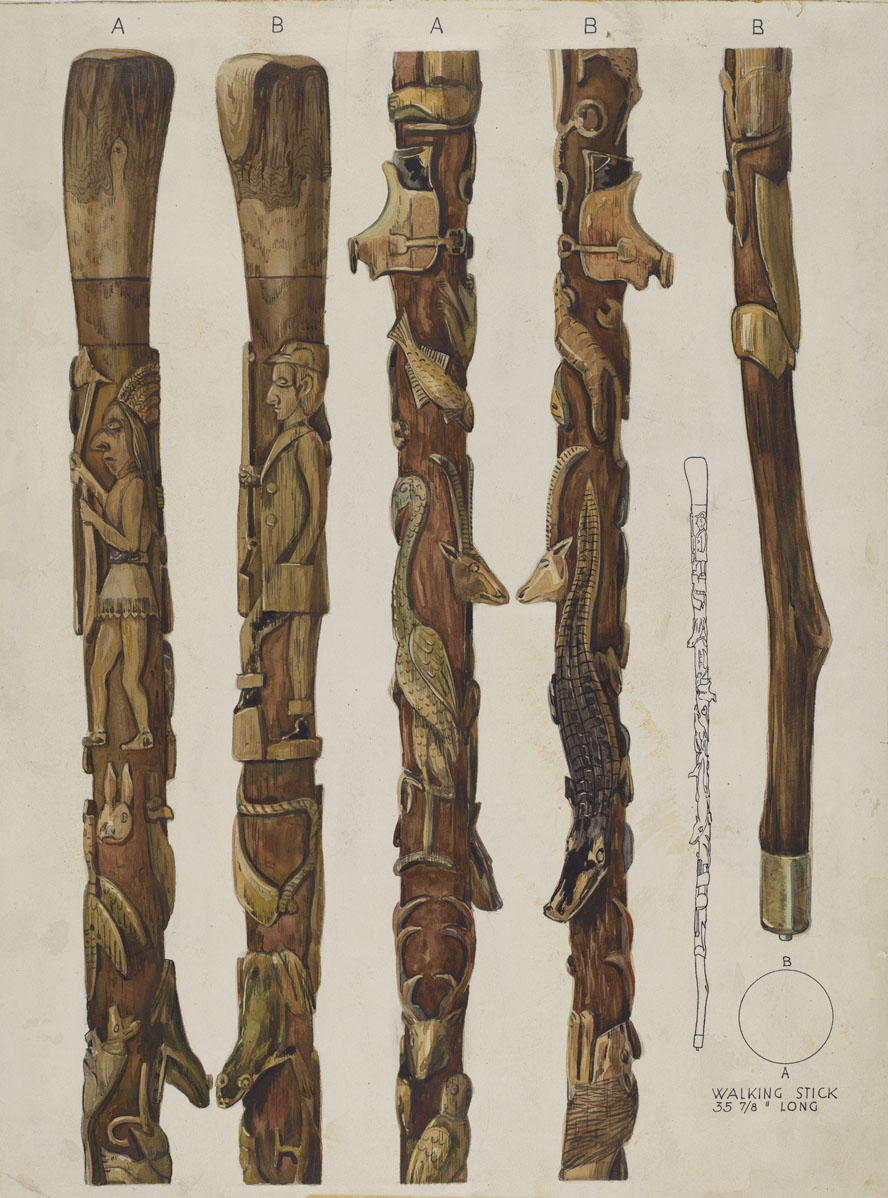 Kurt Melzer, Walking Sticks, American, active c. 1935, 1935/1942, watercolor, graphite, pen and ink on paper, Index of American Design