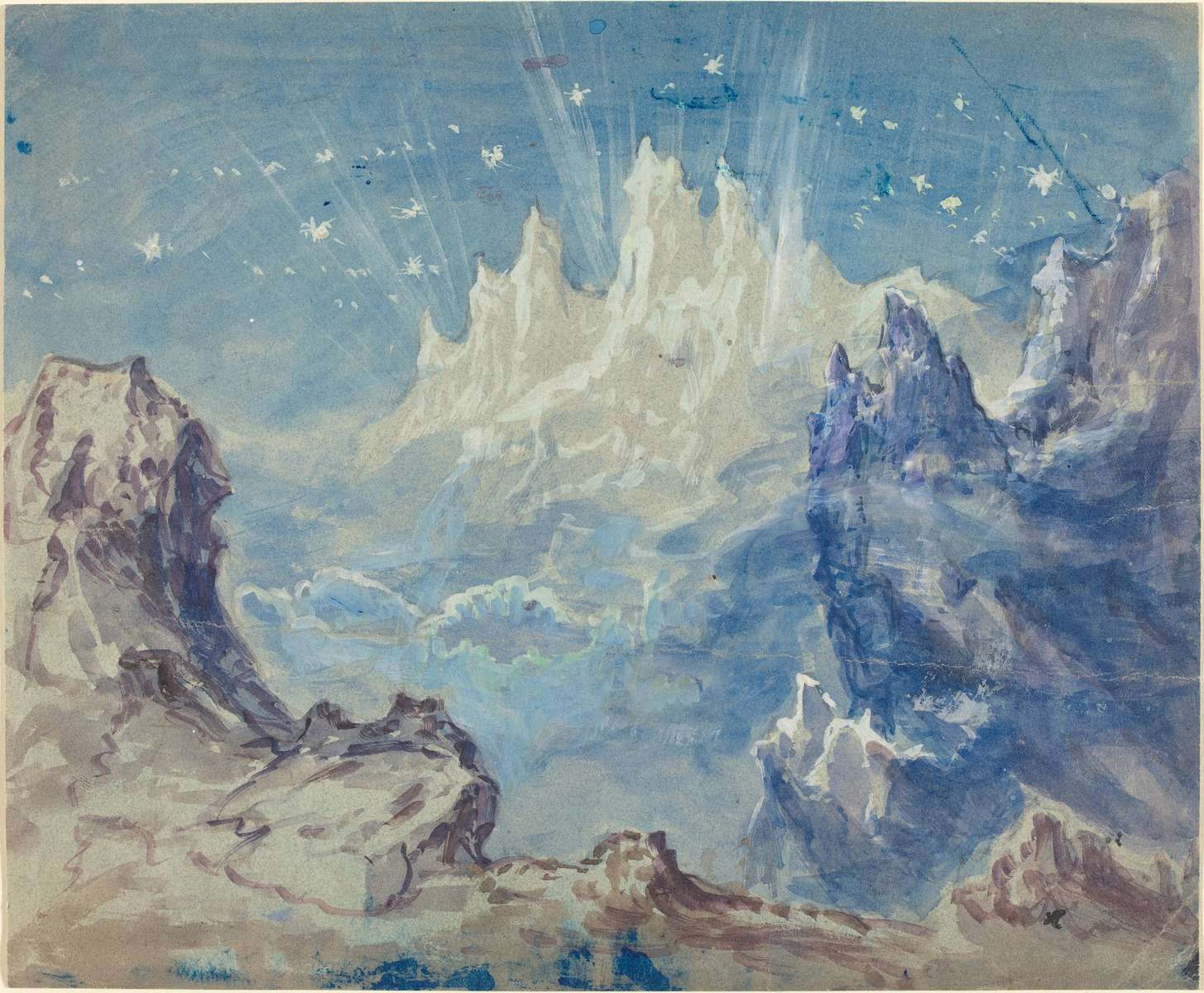 Robert Caney (British, 1847 - 1911 ), Fantastic Mountainous Landscape with a Starry Sky, , watercolor and gouache with white heightening, touches of blue pastel, on wove paper, Joseph F. McCrindle Collection