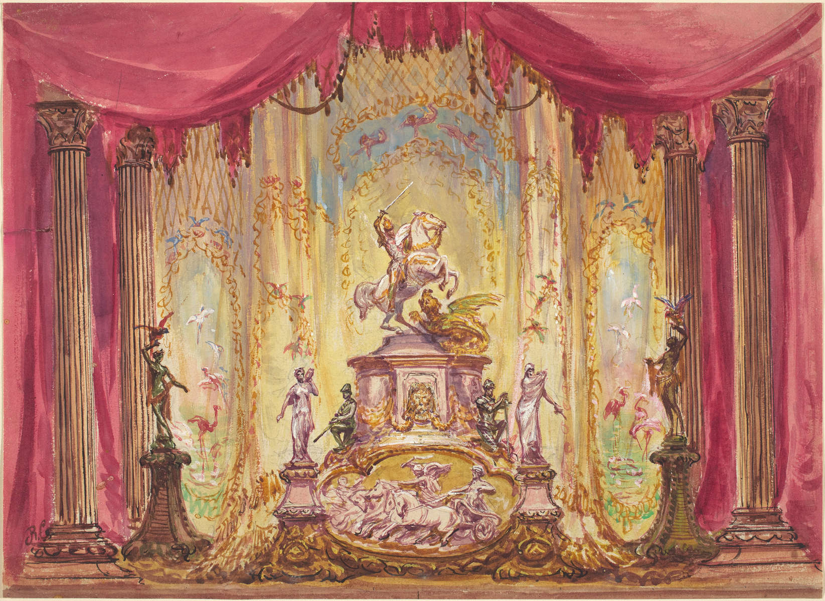 Robert Caney (British, 1847 - 1911 ), Stage Set With Statue Of St. George Slaying The Dragon, , watercolor and gouache with pen and black ink, heightened with white, over graphite on wove paper, Joseph F. McCrindle Collection