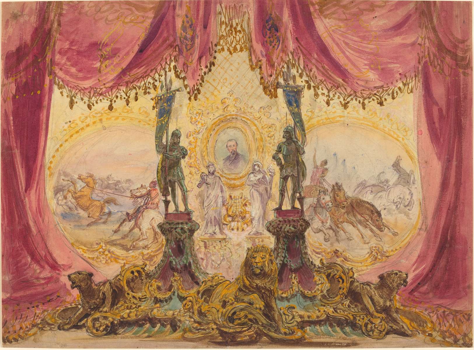 Robert Caney (British, 1847 - 1911 ), Stage Set With Paintings And Statues, , watercolor and gouache, heightened with white, over graphite, Joseph F. McCrindle Collection