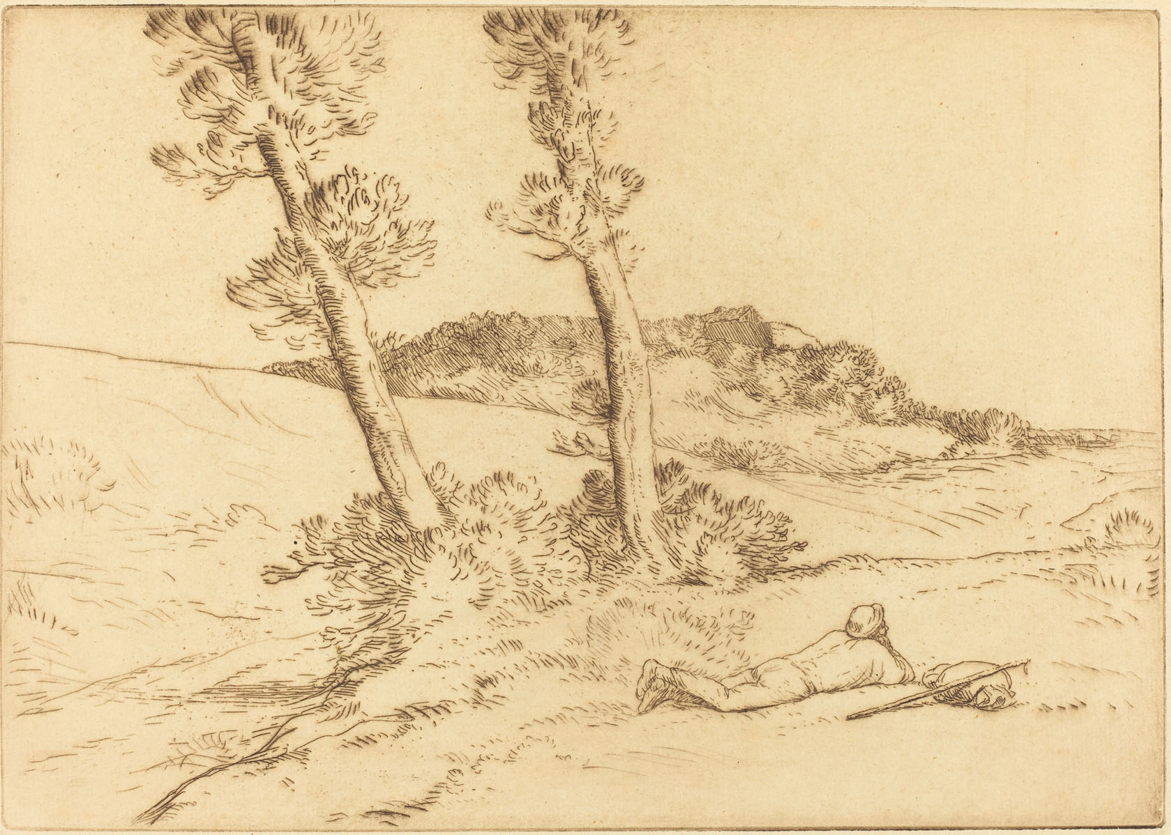 Alphonse Legros, Traveler Reclining on the Grass (Le voyageur etendu sur le gazon), French, 1837 - 1911, , etching and drypoint in brown, Gift of George Matthew Adams in memory of his mother, Lydia Havens Adams