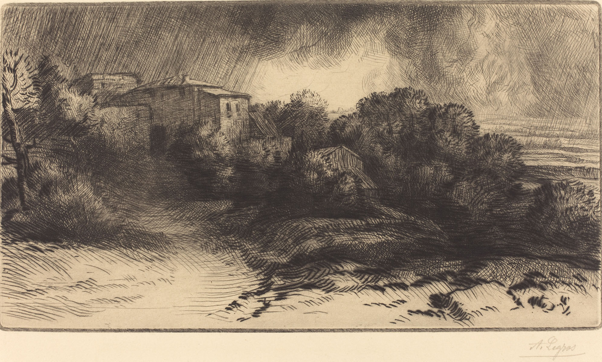Alphonse Legros, View of a Farm Seen in a Storm (La ferme de Brieux (Effet d\'orage)), French, 1837 - 1911, , drypoint and (etching?), Gift of George Matthew Adams in memory of his mother, Lydia Havens Adams
